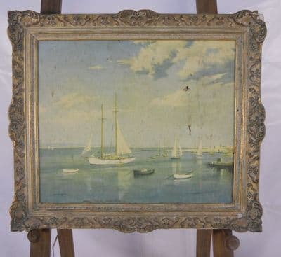 Gilt Framed Canvas Yachting Scene by Leslie Kent