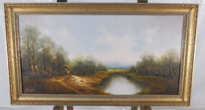 Gilt Framed Oil on Canvas - River Scene by Koenig