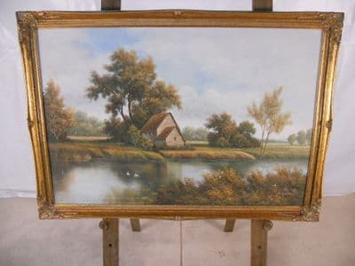 Gilt Framed Oil - River Cottage Landscape by P Wilson