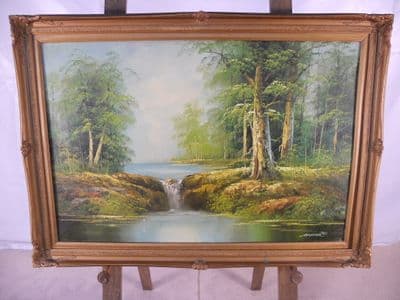 Gilt Framed Oil - Woodland Water Scene by Spencer 1982