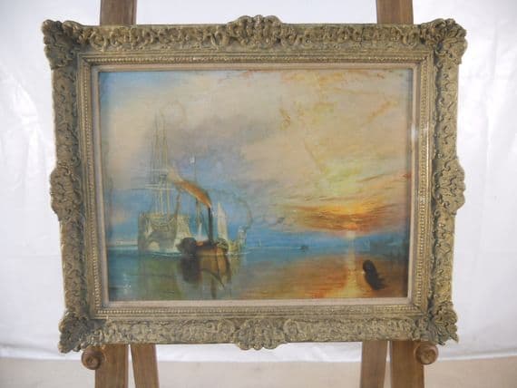 Ornate Framed Canvas Boats Sunset Scene