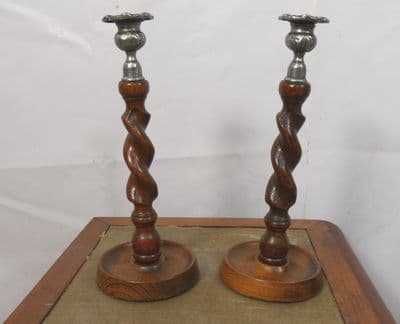 Pair Barley Twist Chrome Top Oak Candlesticks