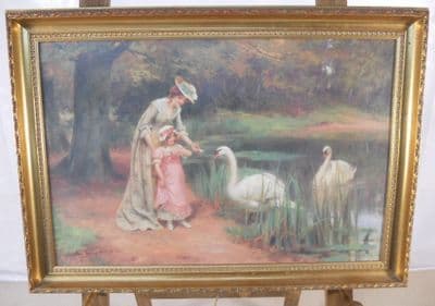 Swans on Water - Gilt Frame Canvas