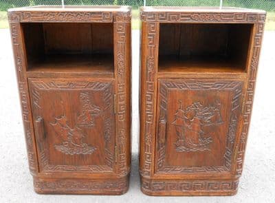 Two Oriental Carved Teak Bedside Cabinets