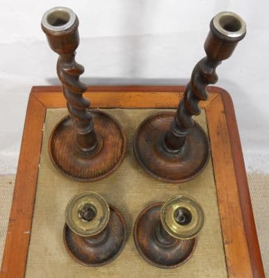 Two Pairs Oak Barley Twist Candlesticks