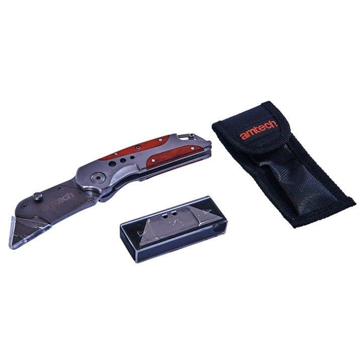 Amtech Folding lockback utility knife with wooden grip