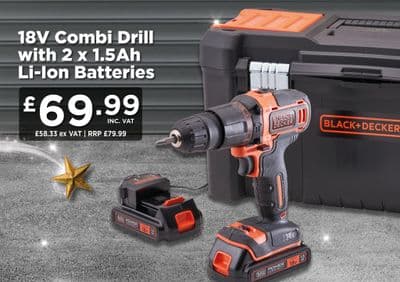 Black & Decker 18V Combi Drill with 2 x 1.5Ah Li-Ion Batteries