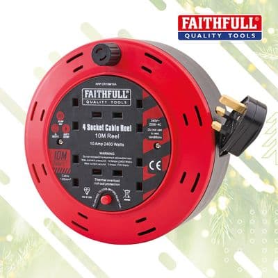 Faithfull 10m Cable Reel 10A, 4 Sockets