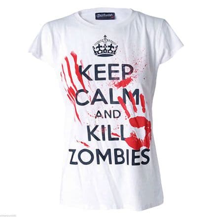 DARKSIDE CLOTHING KEEP CALM KILL ZOMBIES WOMENS T-SHIRT BLOOD SPLAT HORROR EVIL