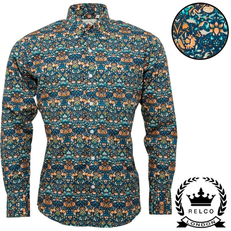 Relco Mens Blue Floral Long Sleeve Shirt Button Down Collar Mod Retro NEW