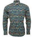 Relco Mens Blue Floral Long Sleeve Shirt Button Down Collar Mod Retro NEW