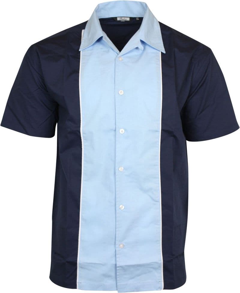Relco Mens Blue & Navy Bowling Shirt Rockabilly Retro 50s Club Swing Lounge
