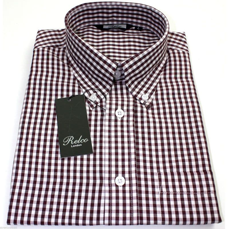 Relco Mens Burgundy White Gingham Short Sleeved Shirt Button Down Mod Skin Retro