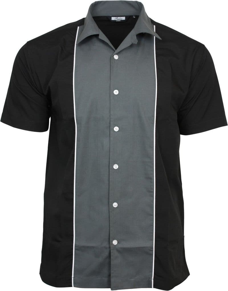 Relco Mens Grey & Black Bowling Shirt Rockabilly Retro 50s Club Swing Lounge