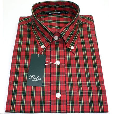 Relco Mens Red Tartan Check Short Sleeved Shirt Mod Skin Retro Indie 60s
