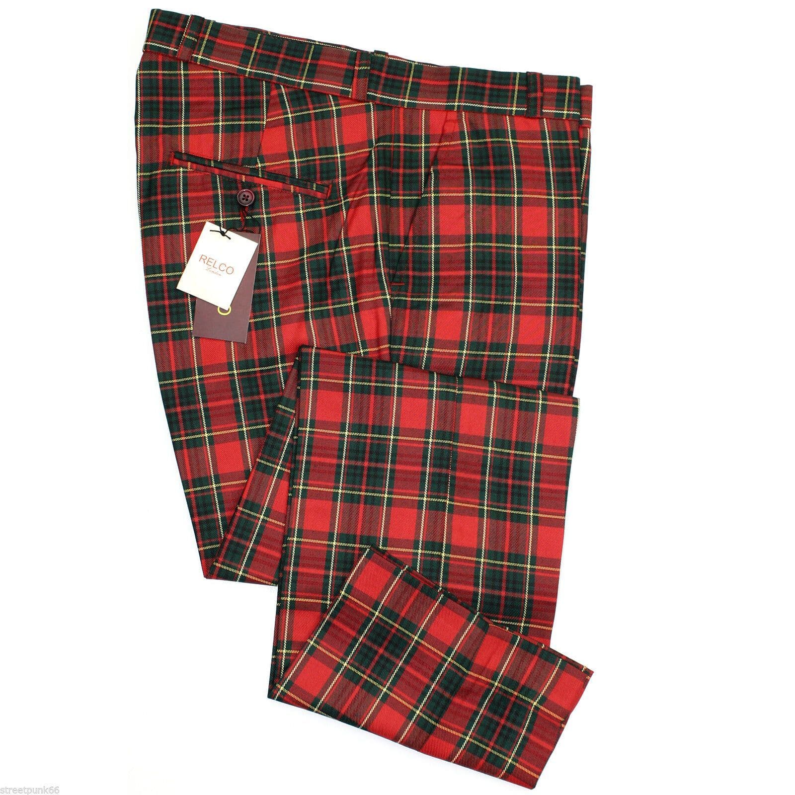 Relco Mens Stay Press Red Stewart Tartan Trousers Sta Press Retro