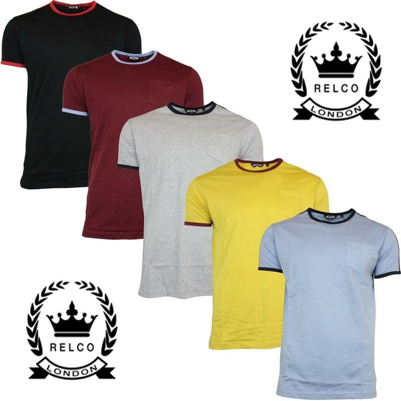 Relco Mens Twin Striped Ringer 70s Style T-Shirt Vintage Retro Northern Soul Mod