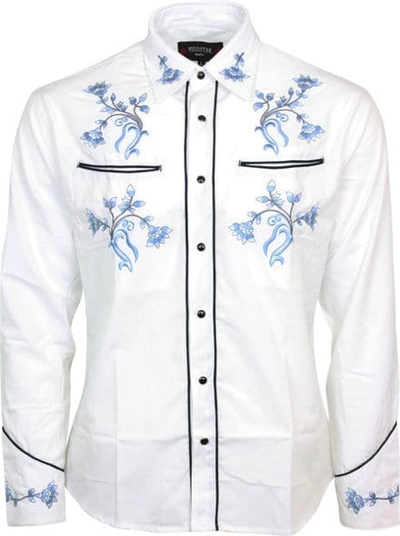 Relco White Blue Cowboy Western Line Dancing Flower Embroidered Shirt NEW