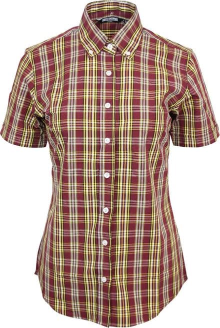 Relco Womens Burgundy Yellow Tartan Check Short Sleeve Button Down Collar Shirt