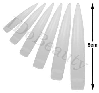 12 CLEAR EXTRA LONG COMPETITION POINT STILETTO SALON FALSE NAIL TIPS 9CM