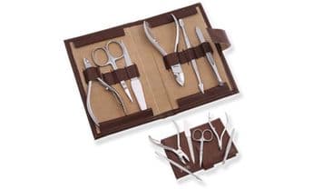 Manicure Kit pushers cuticle nippers cutters tweezers Brown Faux case