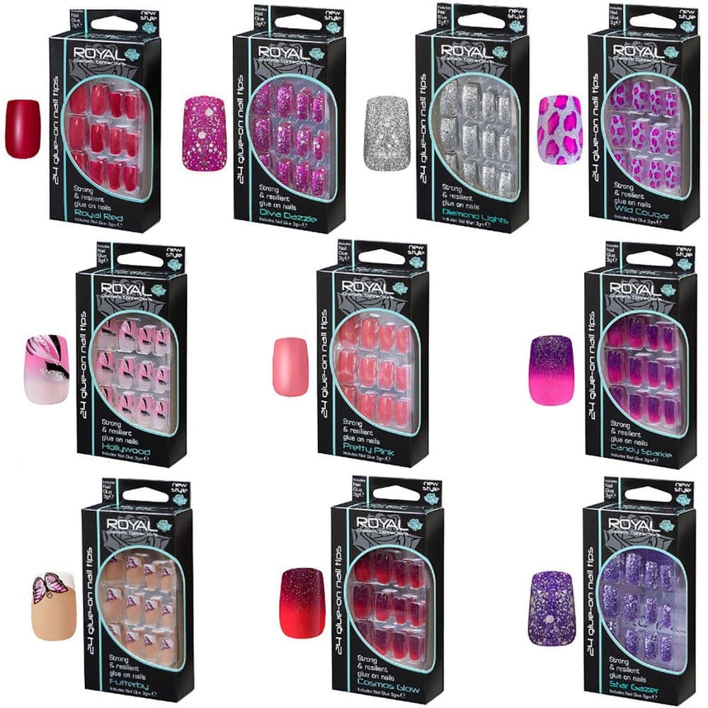 ROYAL GLUE ON NAIL TIPS 24 FALSE FAKE NAILS TIP CHOICE OF 11 DESIGN RED