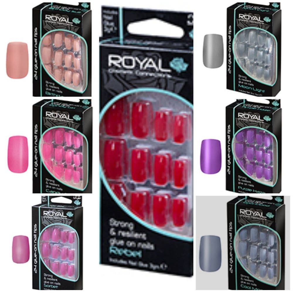 ROYAL NAIL TIPS 24 FALSE FAKE NAILS CHOICE OF 7 COLOUR RED PINK PURPLE