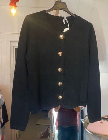 Blanket Stitch Gold Button Cardigan - Black