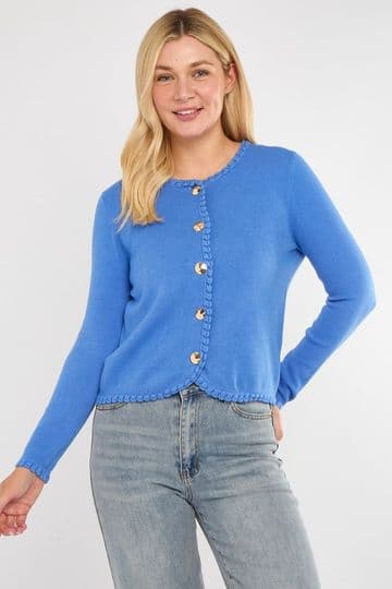 Blanket Stitch Gold Button Cardigan - Blue