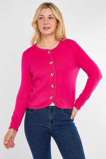 Blanket Stitch Gold Button Cardigan - Fuchsia