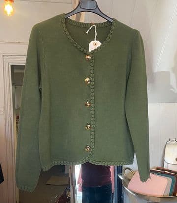 Blanket Stitch Gold Button Cardigan - Khaki