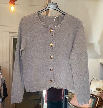 Blanket Stitch Gold Button Cardigan - Pale Grey