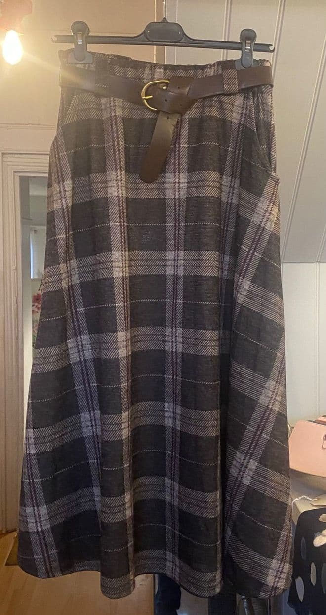 Check 70s Style Skirt - Grey Beige Purple