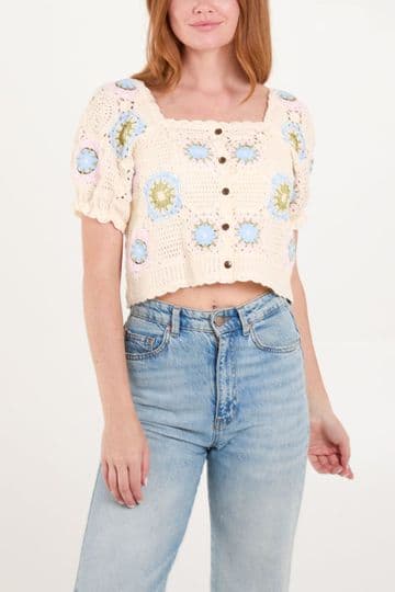 Crochet Floral Patch Puff Sleeve Top