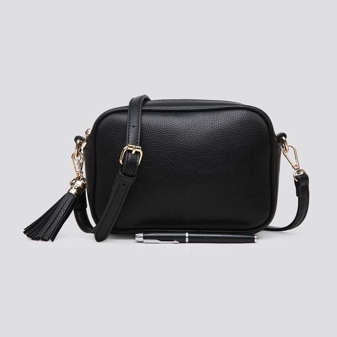 Faux Leather Zipped Cross Body Bag with Side Tassel - Black