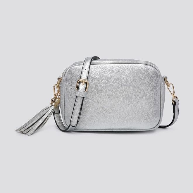 Faux Leather Zipped Cross Body Bag with Side Tassel - Silver