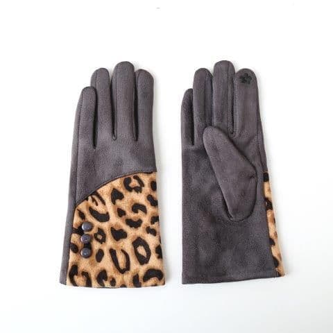Faux Suede Gloves Leopard Print - Grey