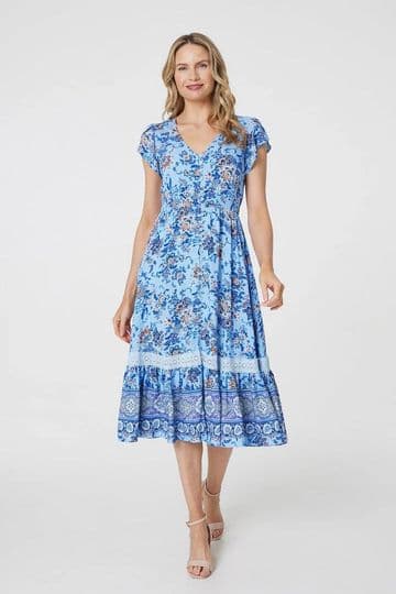 Floral Cap Sleeve Lace Trim Midi Dress in Blue