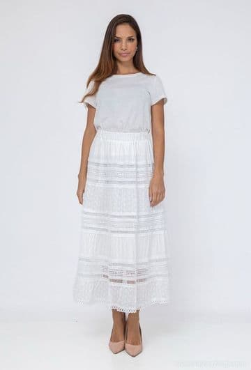 Floral Embroidered Crochet Tiered Cotton Skirt