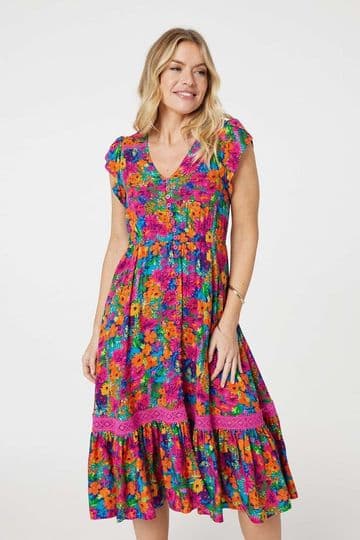 Floral Lace Detail V-Neck Midi Dress – Pink