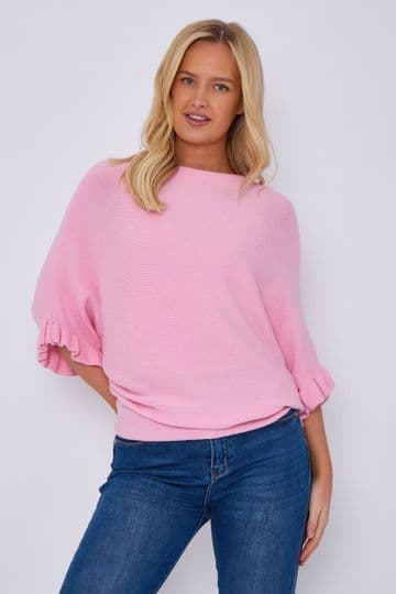 Frill Sleeve Batwing Jumper - Bubble Gum Pink