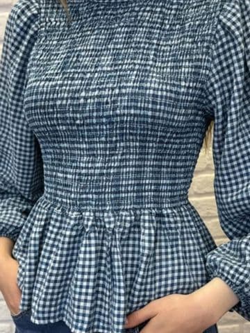 Gingham Top With Peplum - Navy