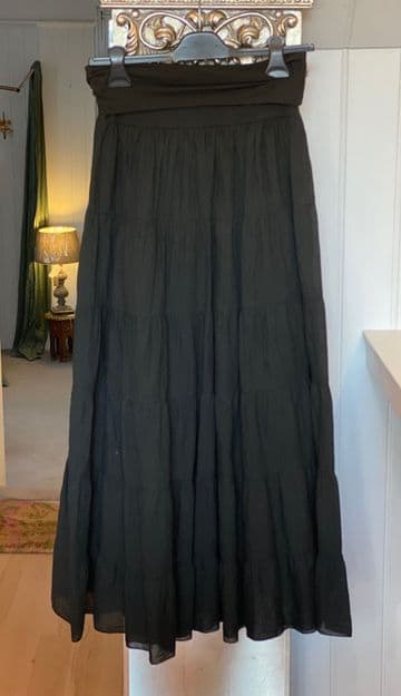 High Waisted Tiered Lined Cotton Skirt - Black