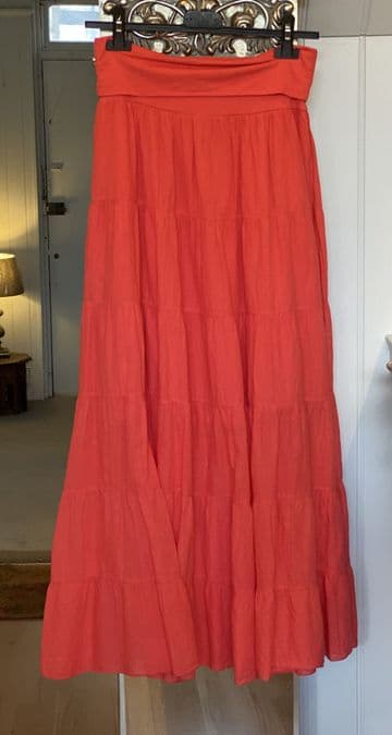 High Waisted Tiered Lined Cotton Skirt - Coral