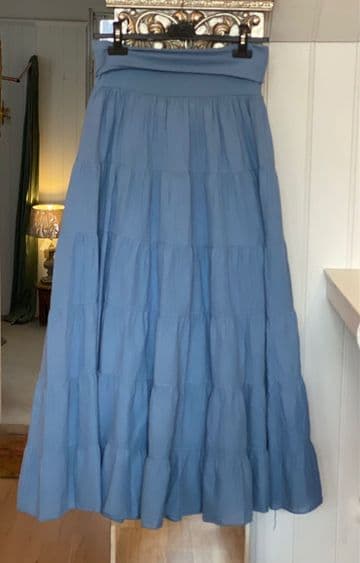 High Waisted Tiered Lined Cotton Skirt - Denim Blue