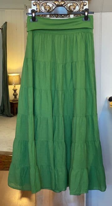 High Waisted Tiered Lined Cotton Skirt - Green