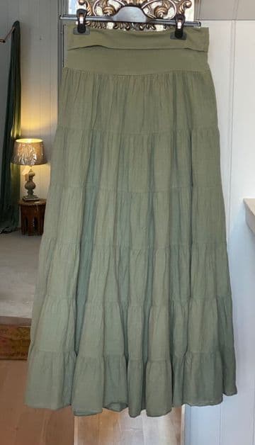 High Waisted Tiered Lined Cotton Skirt - Khaki