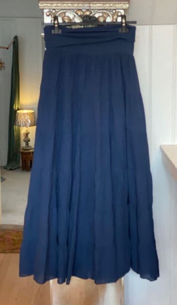 High Waisted Tiered Lined Cotton Skirt - Navy