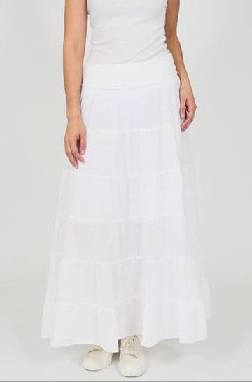 High Waisted Tiered Lined Cotton Skirt - White