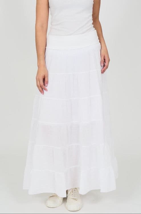 High Waisted Tiered Lined Cotton Skirt - White